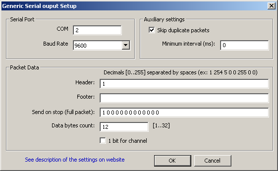 Generic Serial RAW output settings